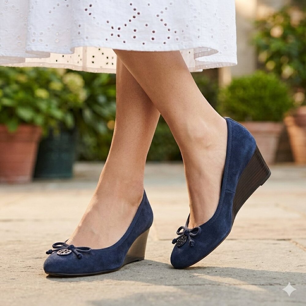 Tory Burch Sally Navy Blue Suede Leather Wedge Pumps Shoes Women’s Size 6